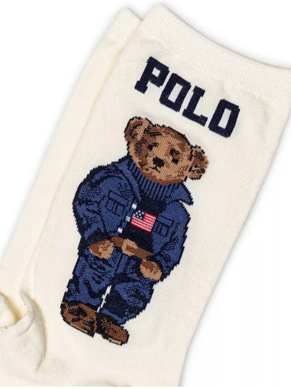 Polo by Ralph Lauren Cream Crew Socks with Navy Bear Motif - Picture 3 of 4